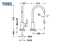 MEDIDAS MONOMANDO COCINA VERTICAL BASIC TRES GRIFERIA